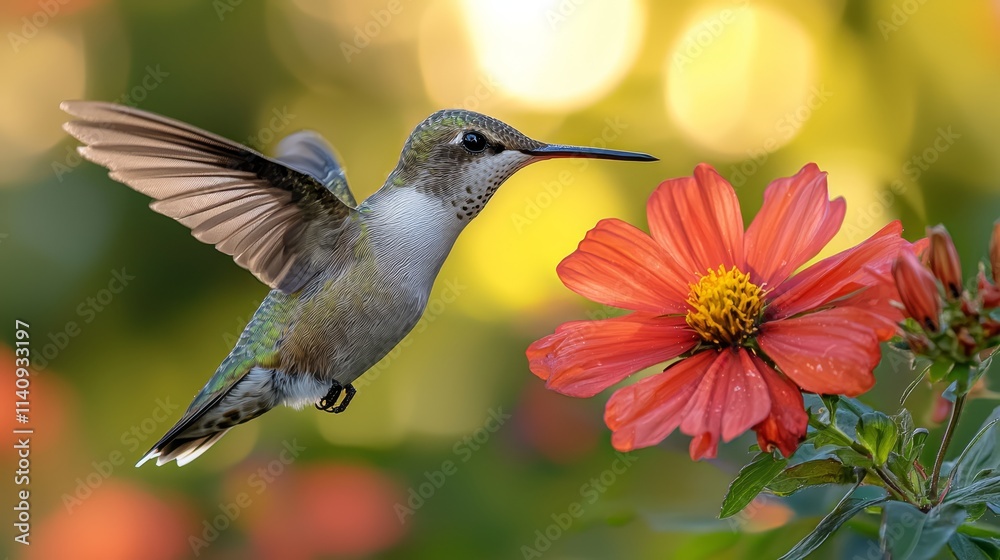 Fototapeta premium A hummingbird is flying near a red flower