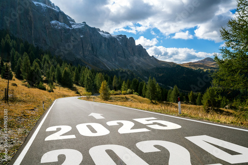 2025 New Year road trip travel and future vision concept . Nature landscape with highway road leading forward to happy new year celebration in the beginning of 2025 for elation and successful start .