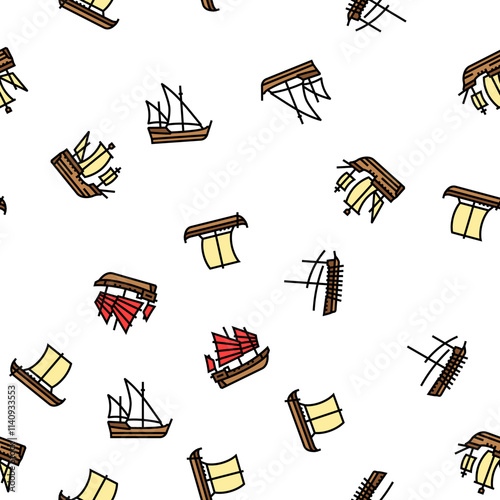 ancient ship maritime vessel vector seamless pattern thin line illustration