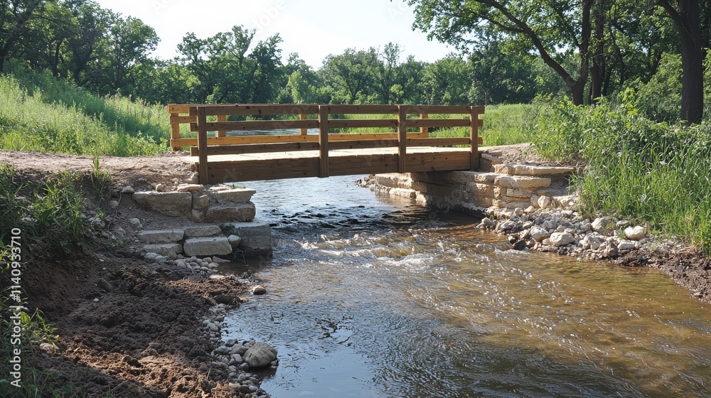 Obraz premium A wooden bridge over a stream in a wooded area
