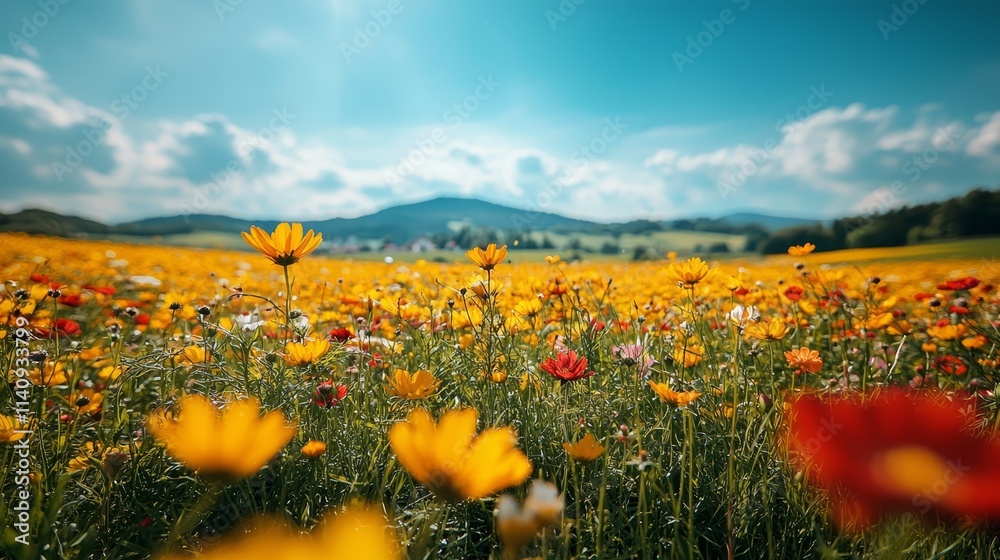 Fototapeta premium A field of yellow and red flowers under a blue sky