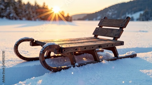 Rustic wooden sled resting on fresh snow under a soft golden glow