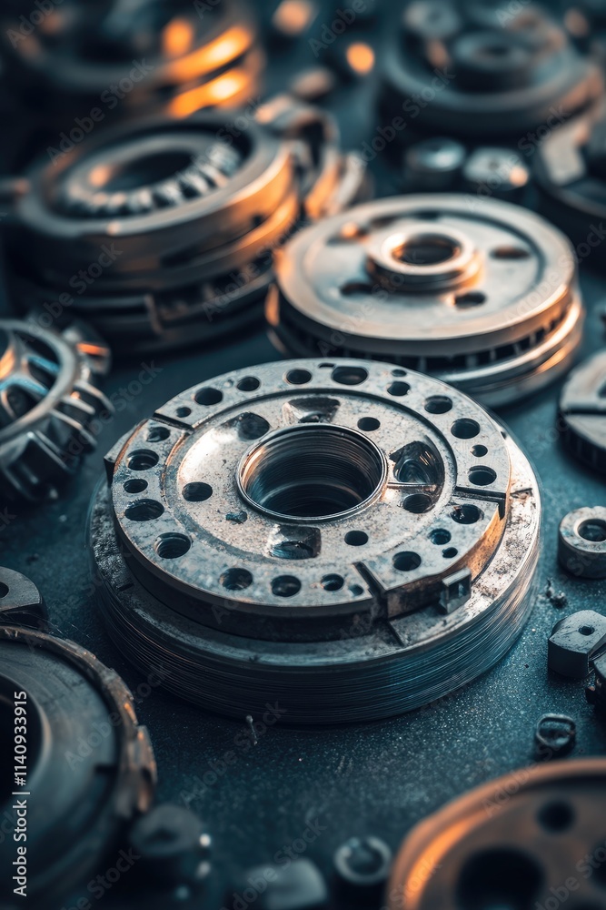 Close-Up of Industrial Metal Brake Discs Displayed in Stacked Arrangement Close-Up of Industrial Metal Brake Discs Displayed in Stacked Arrangement