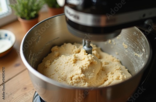 Electric stand mixer with creamy dough being mixed in a stainless steel bowl on a wooden kitchen countertop photo