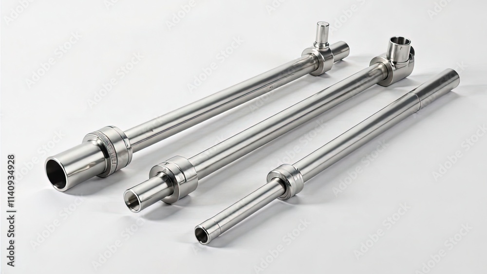 Sleek metal pipes and connectors, neatly displayed on a bright background, minimalistic and modern look Sleek metal pipes and connectors, neatly displayed on a bright background, minimalistic and modern look