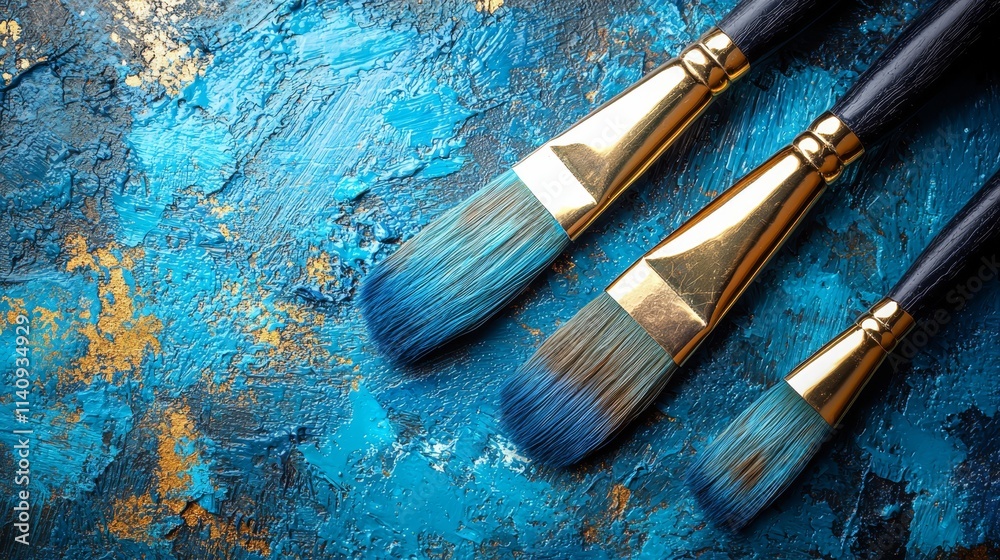 Fototapeta premium Three paint brushes on a blue and gold background
