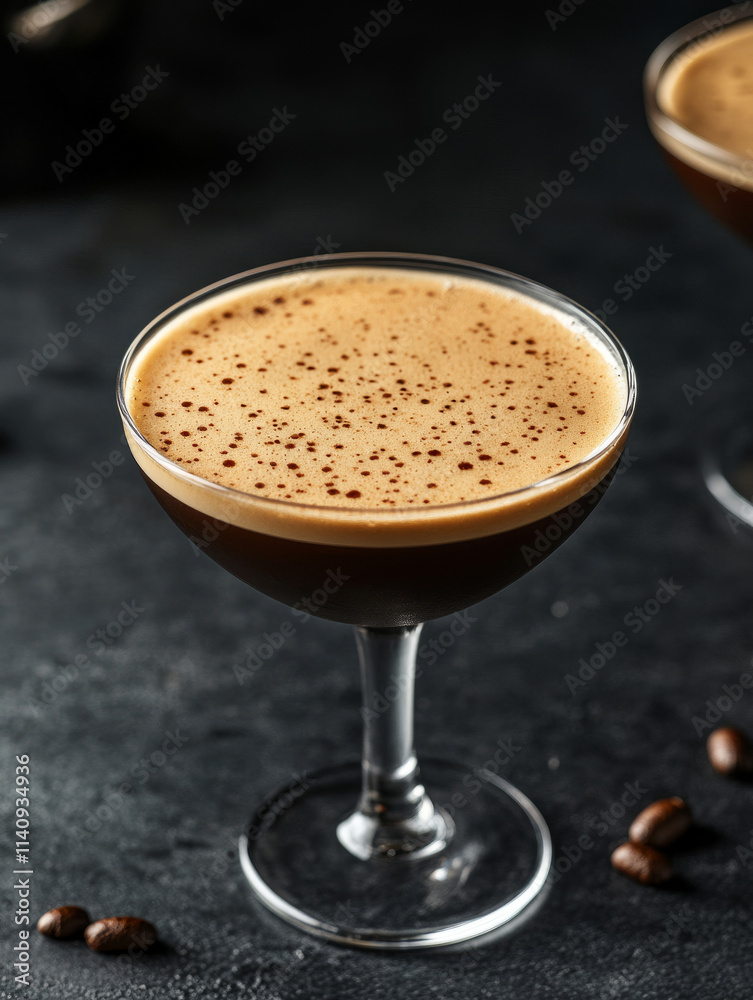 Espresso martini cocktail in a glass on a dark surface. Espresso martini cocktail in a glass on a dark surface.