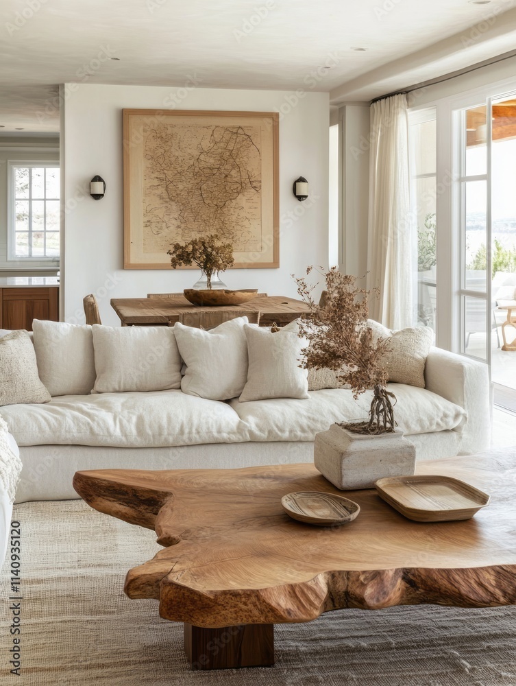 Fototapeta premium Coastal Living Room With Neutral Decor And Wooden Accents