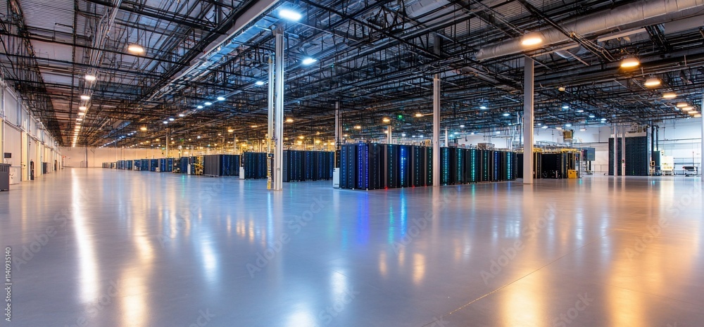 A spacious data center filled with server racks and bright lighting. A spacious data center filled with server racks and bright lighting.
