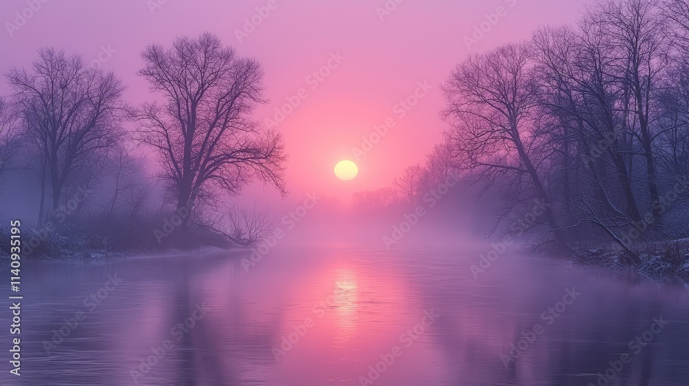 Fototapeta premium A pink sunset over a river with trees in the foreground