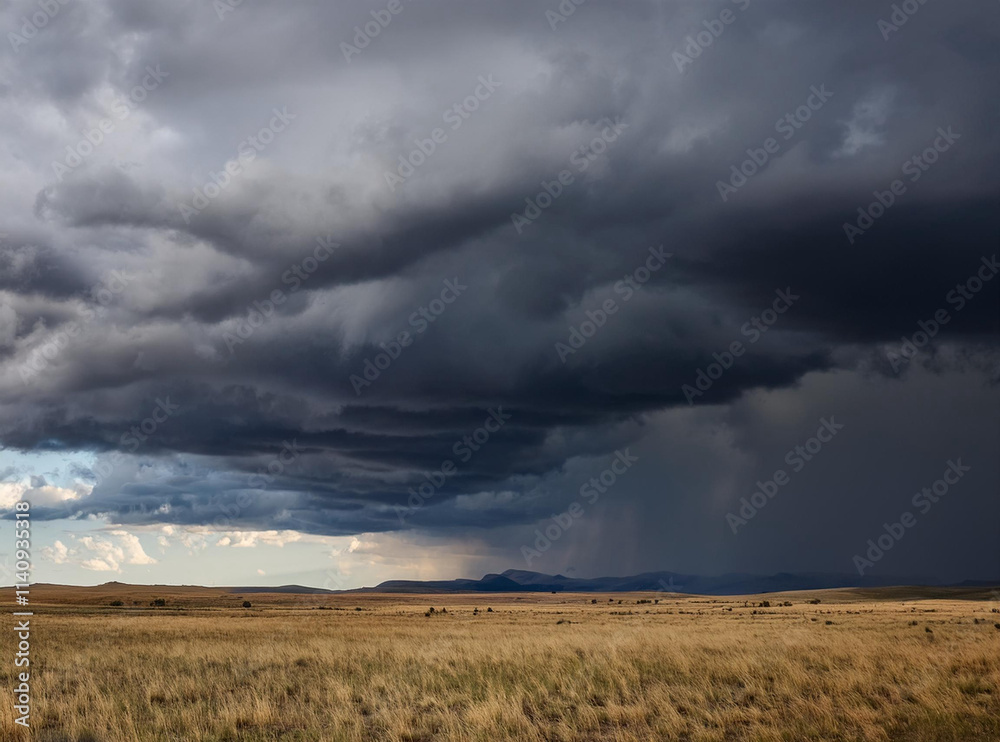 Fototapeta premium A stormy sky looming over a wide rolling plain.