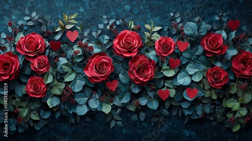 A bunch of red roses with hearts on a blue background