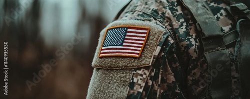 Close-up of U.S. Army uniform with American flag patch photo