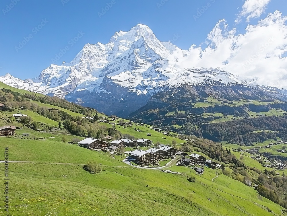 Scenic view of snow-capped mountains and green valley with chalets. Scenic view of snow-capped mountains and green valley with chalets.