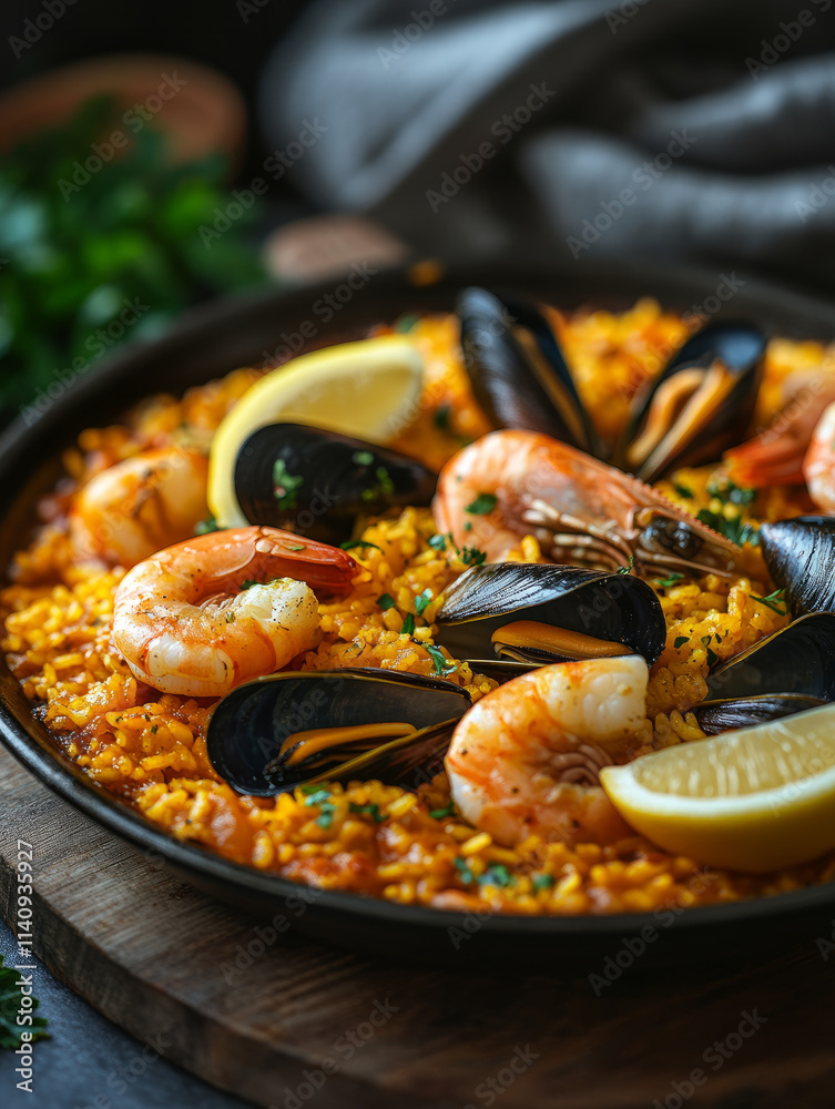 Seafood paella with shrimp, mussels, and lemon. Seafood paella with shrimp, mussels, and lemon.
