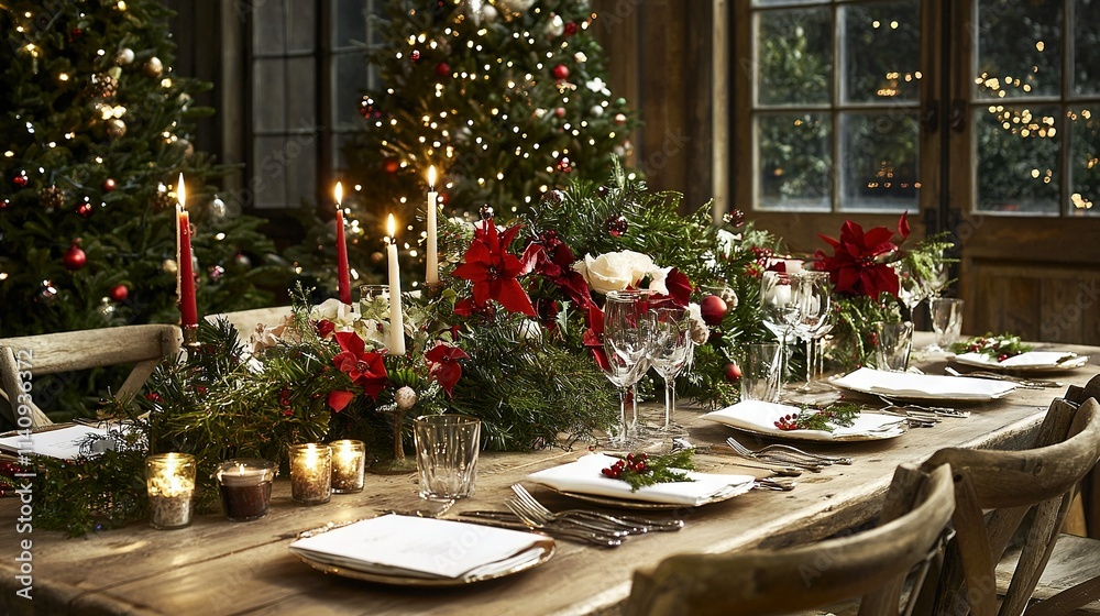 A festive Christmas dinner table with a towering Christmas tree in the background and flickering candles centered on the tabletop A festive Christmas dinner table with a towering Christmas tree in the background and flickering candles centered on the tabletop