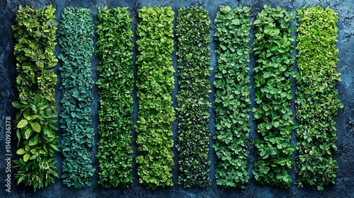 A wall of green plants on a blue wall