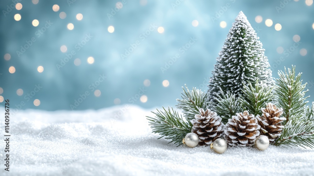 A small christmas tree with pine cones and ornaments in the snow A small christmas tree with pine cones and ornaments in the snow