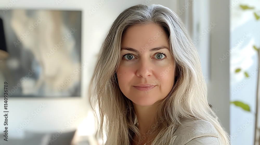 Portrait of a Woman with Long Hair and Bright Eyes in Modern Room Portrait of a Woman with Long Hair and Bright Eyes in Modern Room