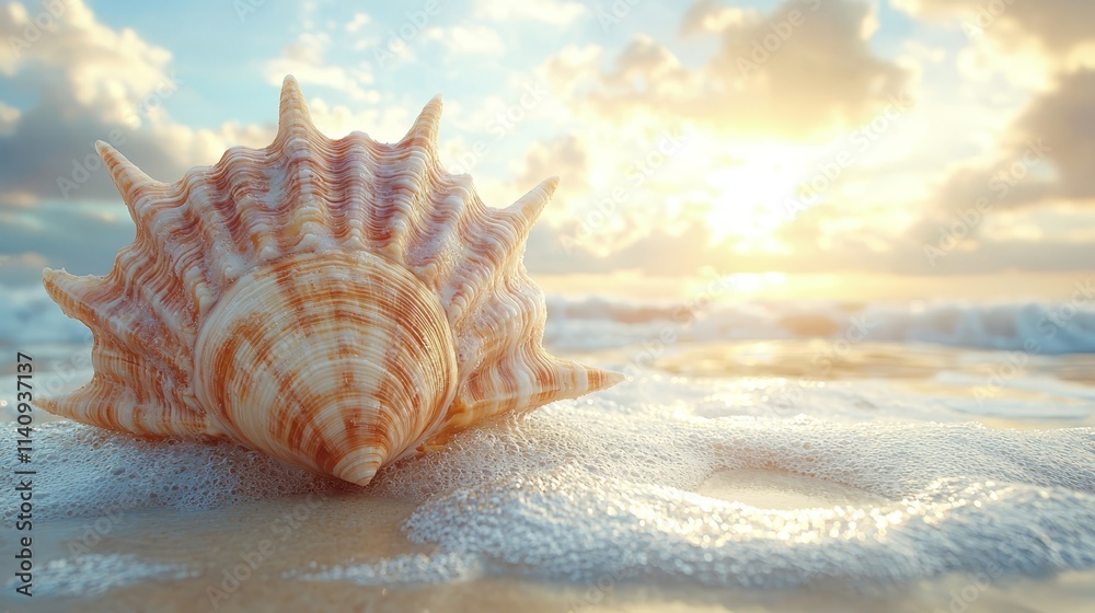 A seashell on the beach with the sun setting in the background A seashell on the beach with the sun setting in the background