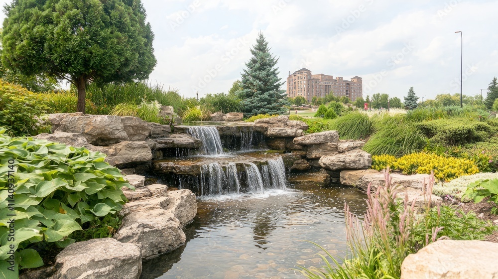 Scenic waterfall surrounded by lush greenery and a distant building.