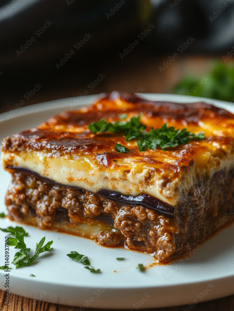 Plate of moussaka garnished with parsley. Plate of moussaka garnished with parsley.