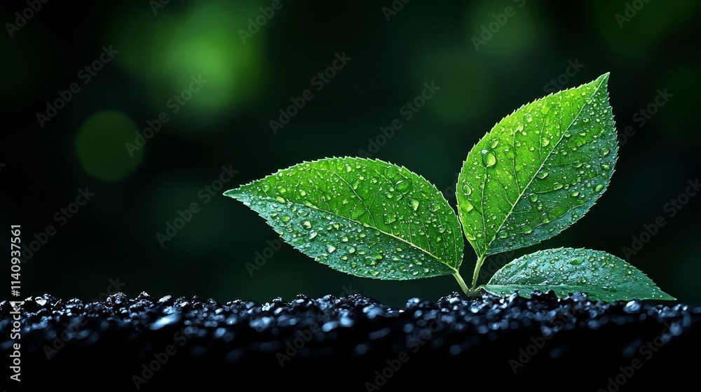 Fototapeta premium A green leaf with water droplets on it sitting on top of a pile of dirt