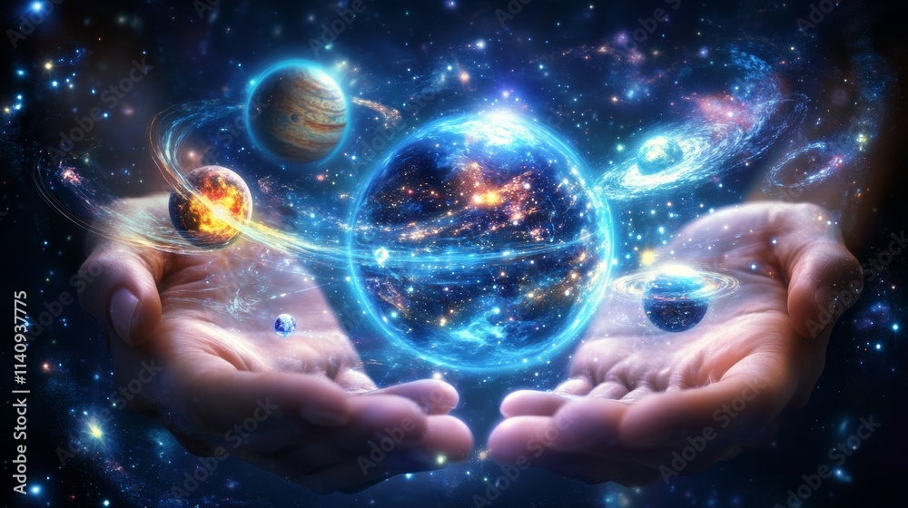 Cosmic Universe Model Held by Glowing Hands, Representing Spiritual or Scientific Concepts, Potential usecase for image buyer: Book covers, Spiritual or Science related articles Cosmic Universe Model Held by Glowing Hands, Representing Spiritual or Scientific Concepts, Potential usecase for image buyer: Book covers, Spiritual or Science related articles
