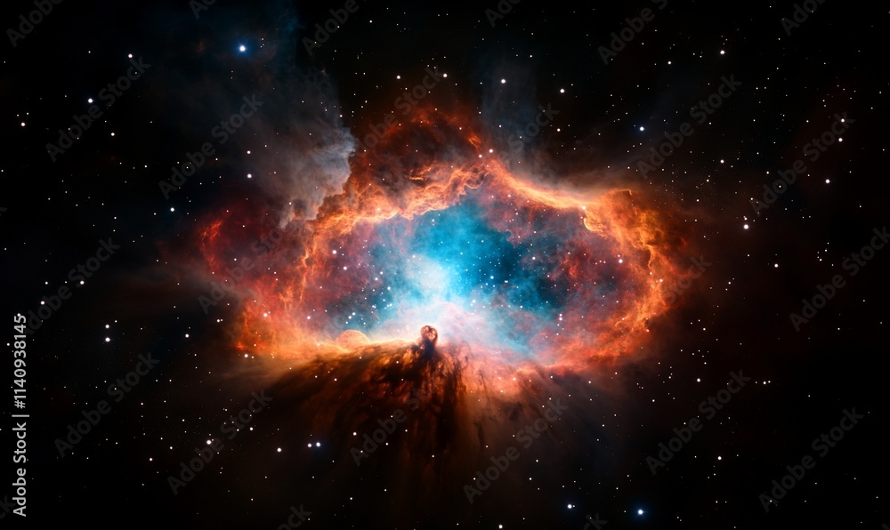 Vibrant cosmic nebula with blue and orange hues, stars, and gas clouds in deep space. Vibrant cosmic nebula with blue and orange hues, stars, and gas clouds in deep space.