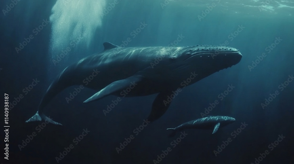 Fototapeta premium A Whale with its Two Babies in the Deep Ocean, potential usecase for image buyer: underwater wildlife, marine life, ocean conservation