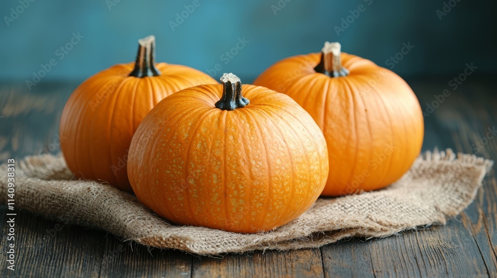 Three small pumpkins sitting on top of a burlap cloth Three small pumpkins sitting on top of a burlap cloth