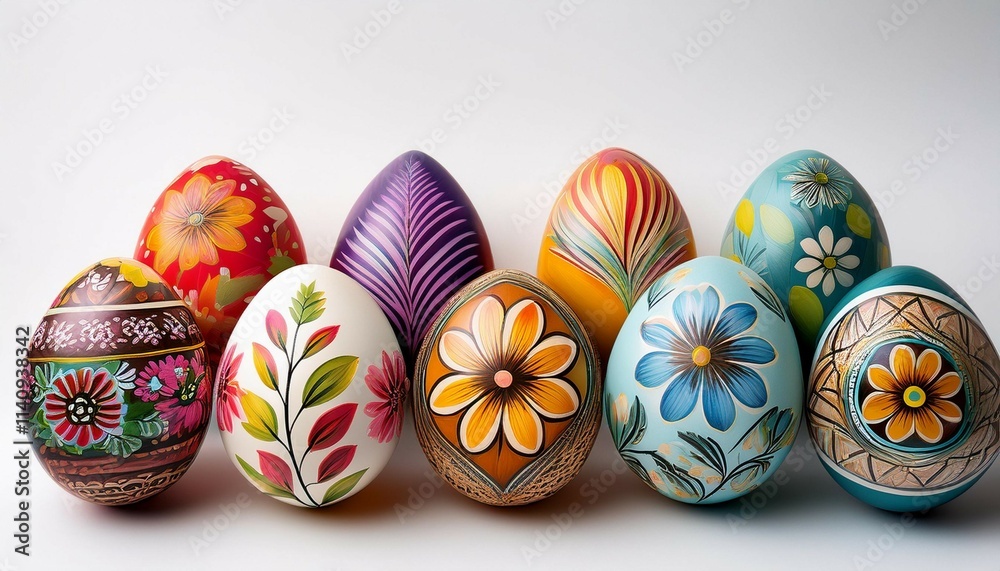 hand painted eggs with floral and geometric designs arranged on a white background for a festive spring celebration hand painted eggs with floral and geometric designs arranged on a white background for a festive spring celebration