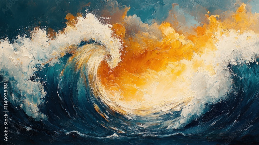Fototapeta premium Impasto ocean wave, sunset colors, dramatic.