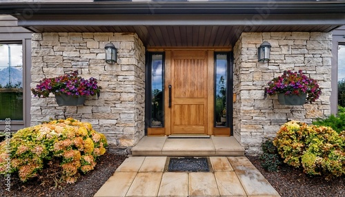 charming stone house entrance with installed stone veneer wooden door and floral accents photo