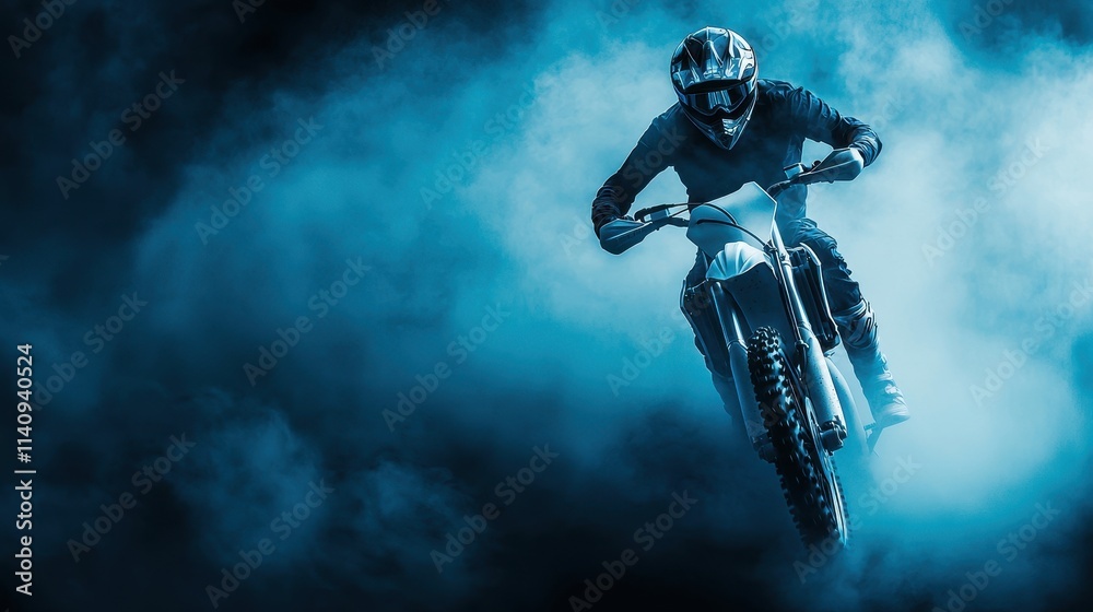 Dynamic Motorcycle Rider Performing Stunts in a Dramatic Foggy Environment Dynamic Motorcycle Rider Performing Stunts in a Dramatic Foggy Environment