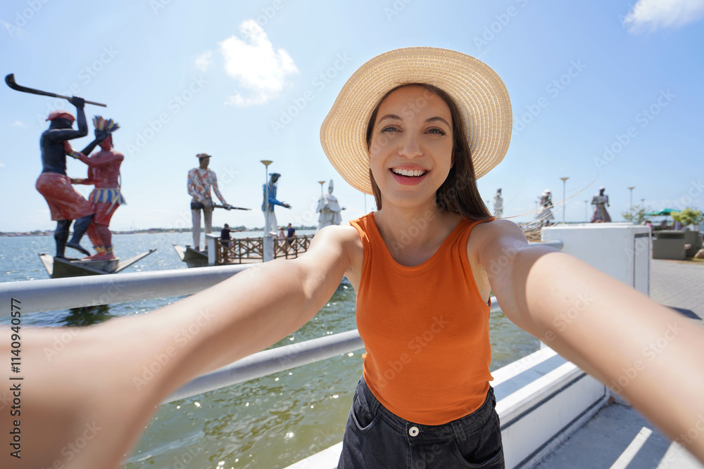 Holidays in Aracaju, Brazil. Selfie photo of traveler girl on promenade Largo da Gente Sergipana in Aracaju, Sergipe, Brazil.