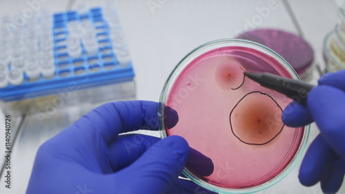 A doctor circles a colony of bacteria on a petri dish in a lab with a black marker.