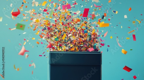 A dynamic burst of multicolored confetti emerging from a sleek black box set against a vibrant blue background, creating a festive and energetic mood. AI generated. photo