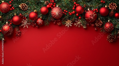 A red background with red and gold ornaments and pine cones