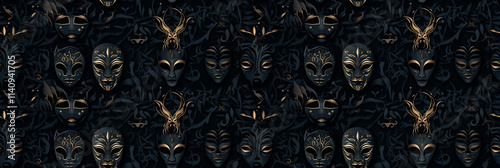 Sinister masquerade ball motifs, masked figures and dark elegance, mysterious and stylish. Background, seamless pattern.