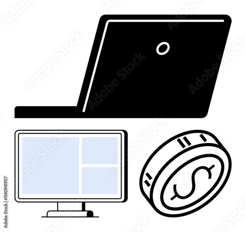 Laptop viewed from side, desktop monitor displaying a grid layout, and coin with dollar sign. Ideal for business, finance, technology, economy, e-commerce, digital transactions online marketing