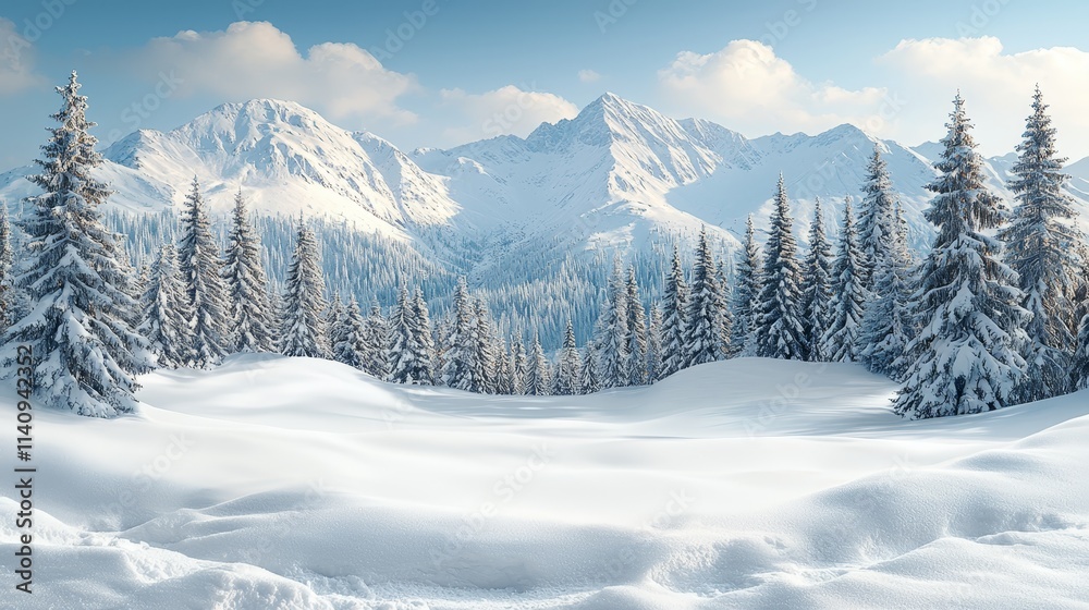 A snowy landscape with trees and mountains in the background A snowy landscape with trees and mountains in the background