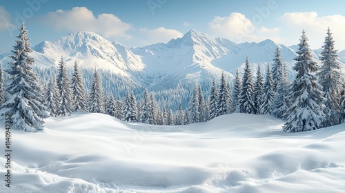 A snowy landscape with trees and mountains in the background