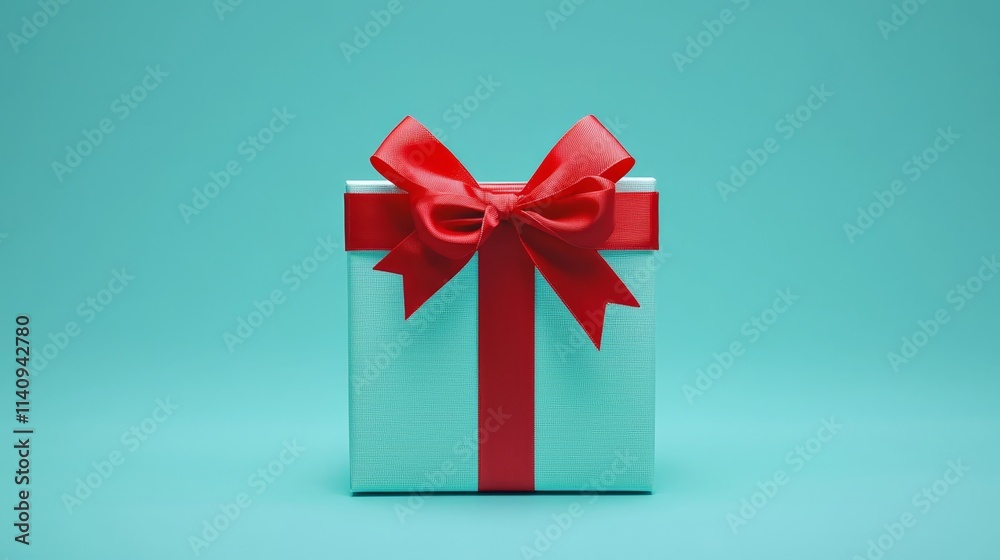 A blue gift box with a red bow on a blue background A blue gift box with a red bow on a blue background