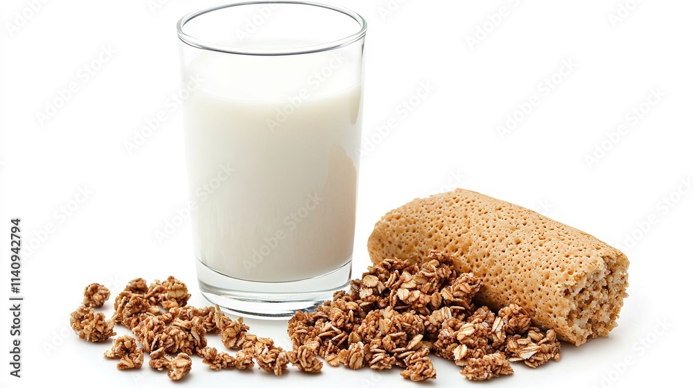 A glass of milk beside granola and a wheat biscuit, highlighting a healthy and nutritious breakfast choice. A glass of milk beside granola and a wheat biscuit, highlighting a healthy and nutritious breakfast choice.