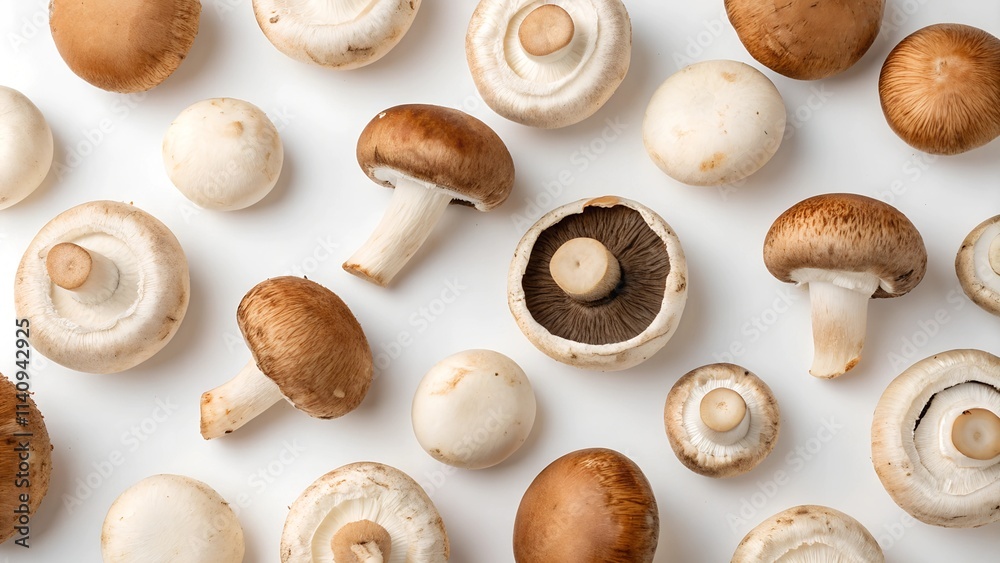 A variety of mushrooms scattered across a white surface. There are both white button mushrooms and brown cremini mushrooms in various sizes and orientations. A variety of mushrooms scattered across a white surface. There are both white button mushrooms and brown cremini mushrooms in various sizes and orientations.
