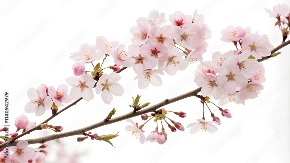 A delicate branch of cherry blossoms against a white background. The blossoms are a soft pink color with five petals each, creating a cloud-like effect. 