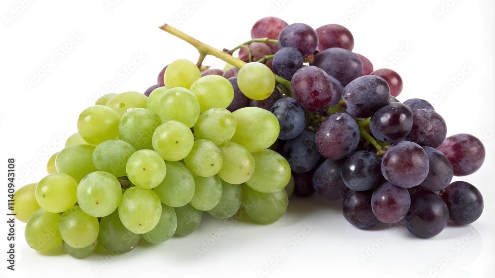 A cluster of green grapes and a cluster of red grapes placed side-by-side on a white background. The grapes are plump and juicy looking. A cluster of green grapes and a cluster of red grapes placed side-by-side on a white background. The grapes are plump and juicy looking.