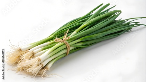A bunch of fresh green onions, tied together with twine, showcasing their vibrant green stalks and white bulbs, ready to add a burst of flavor to your dishes.

