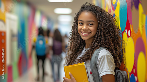 Confident student smiling in colorful hallway